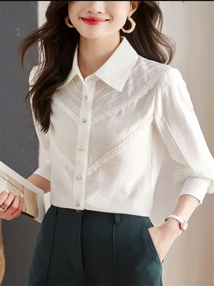 WHite Blouses For Women Lace Shirt Top Cardigan Shirts Grace Woman Clothes Shirt Polo Neck Long Sleeve Shirt OL Female Blous