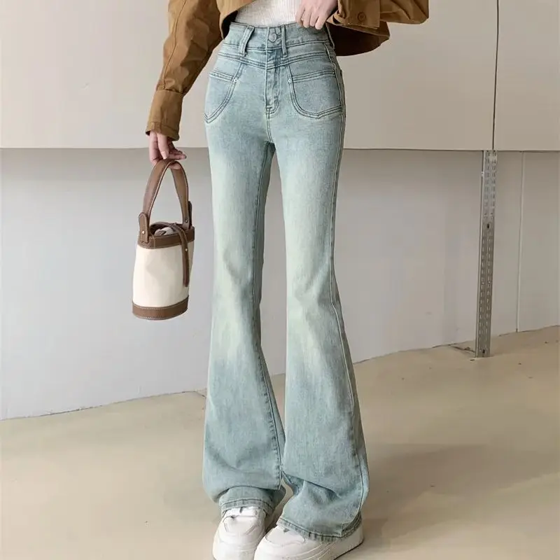 H.sa new spring style light-colored retro blue soft denim bell-bottom pants for women stretchy slim-fitting light blue pants