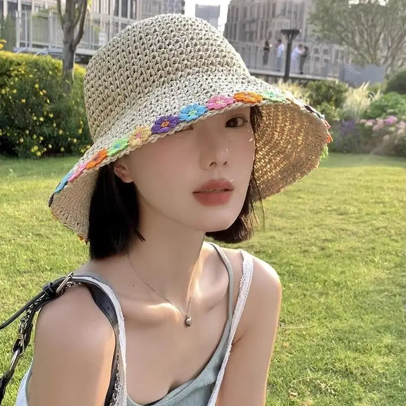 Woven Flower Decoration Fisherman Hat Summer Beach Sun Shading Straw Woven Hat Fresh Girl Leisure Hat Outdoor Sun Protection Hat