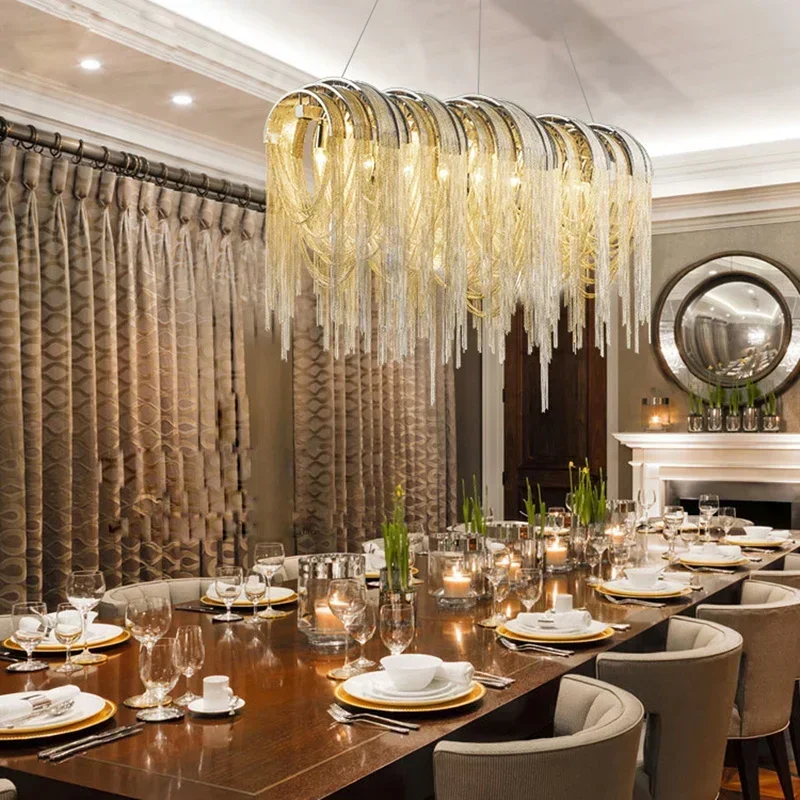 Lustres luxuosos do ouro com Tassel, corrente de alumínio, lâmpada pendente, droplight para a casa, entrada, sala de estar, restaurante, decoração