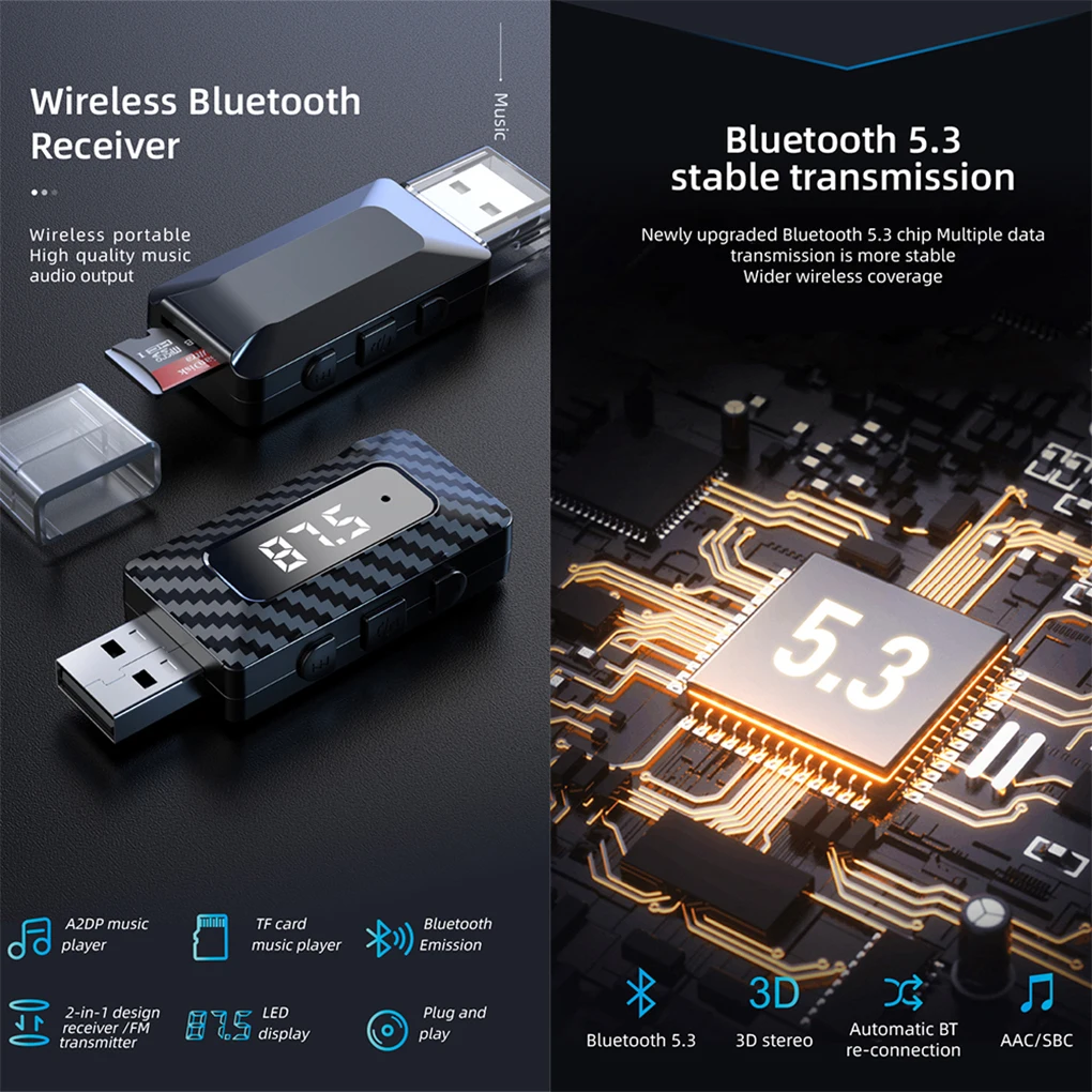USB Mini Wireless Adapter Car Bluetooth 5.3 FM Transmitter Receiver Handsfree Call Auto Audio with LED Display For Car FM Radio