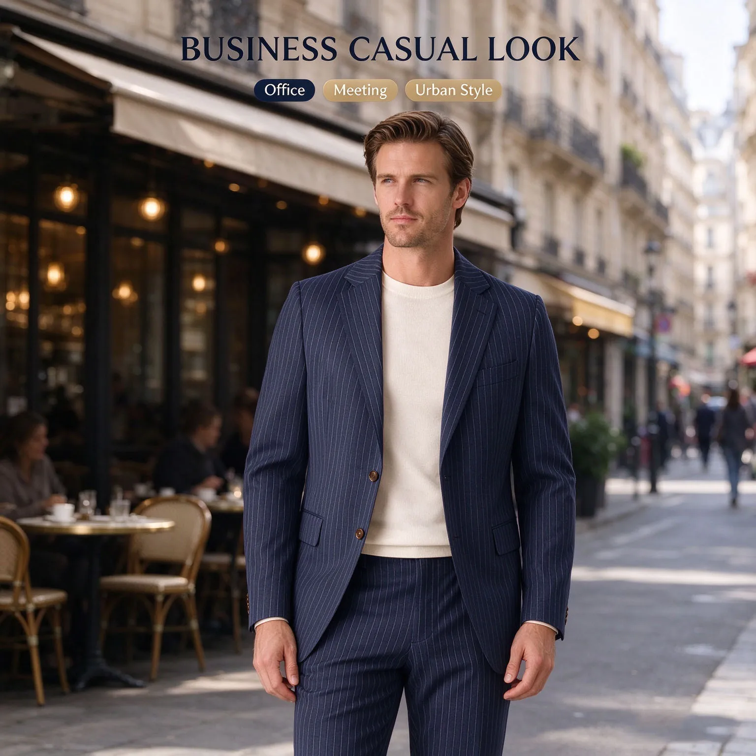Men's Pinstripe Suit 2 Pieces Set 2 Button Notch Lapel Slim Fit Blazer + Pants Navy Striped Business Wedding Formal Suit for Men