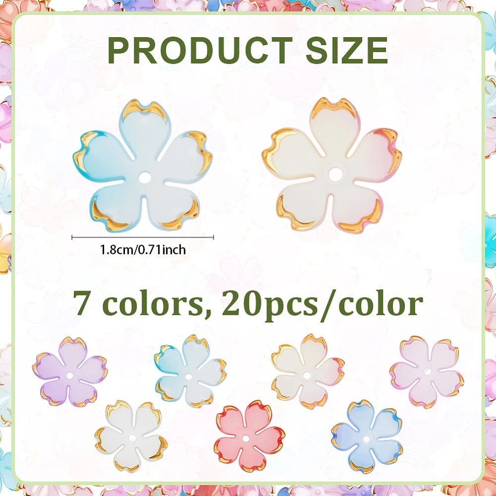 140Pcs Acrylic Flower Beads Gradient Spacer Floret Beads 5-Petal Cherry Blossom Bead Caps Gold-Plated Colorful for Jewelry
