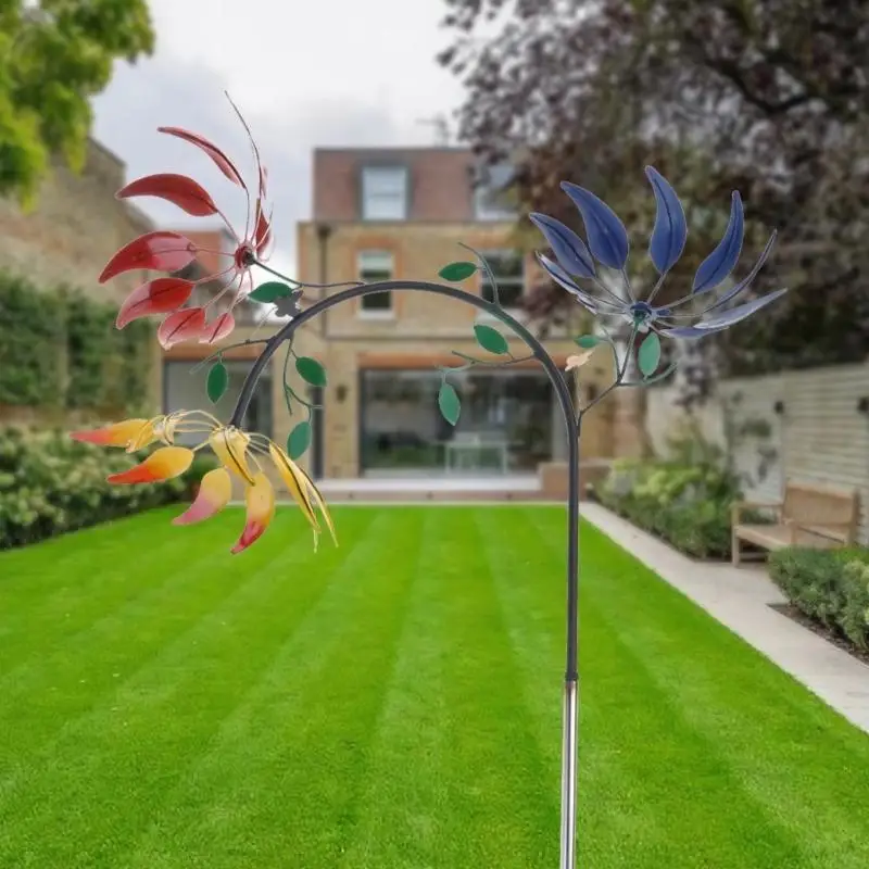 37ME Large Metal Wind Spinner with Three Spinning Flowers Butterflies Windmill Wind Sculpture for Outdoor Garden Art Decor