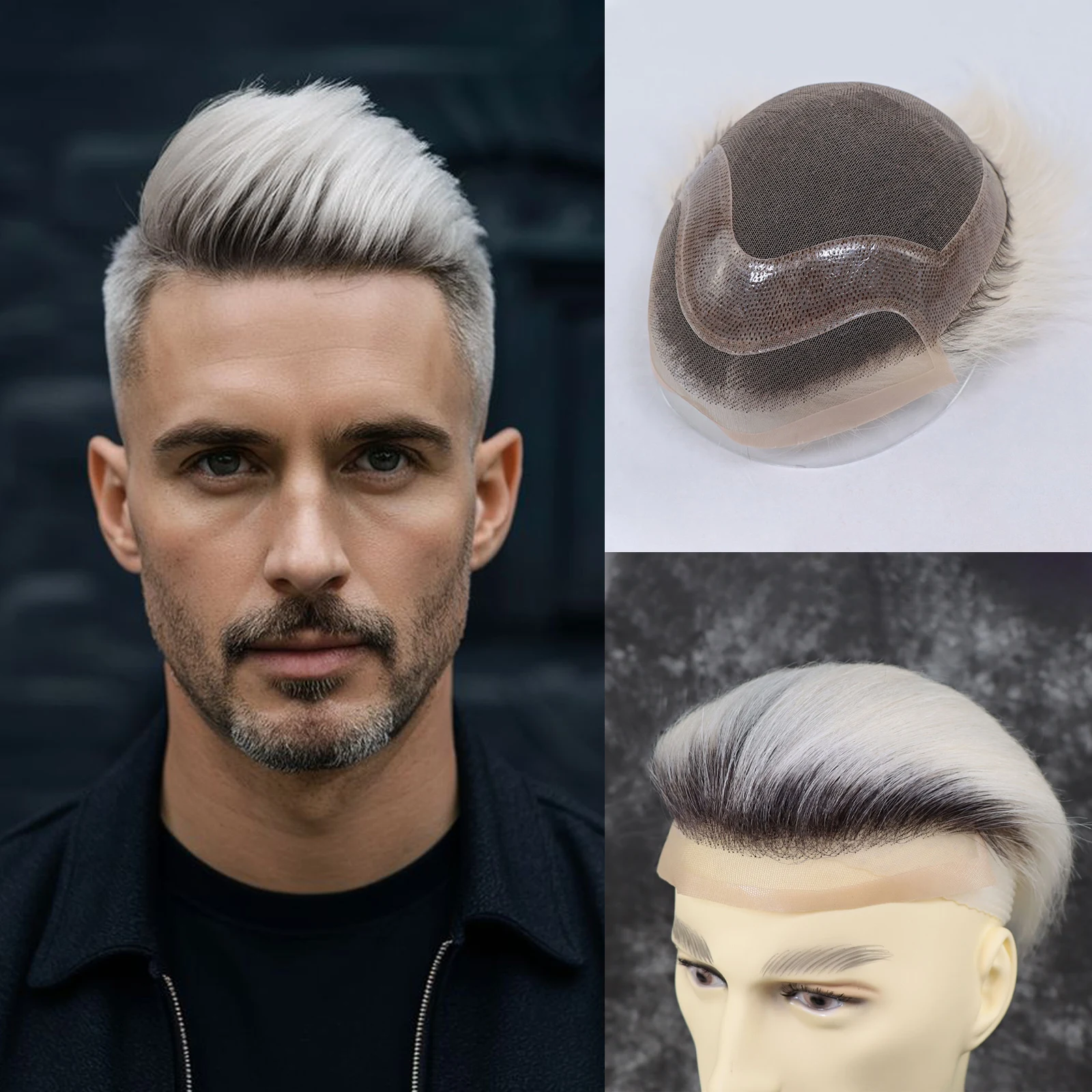 

Мужской парик для мужчин, парик с кружевной передней частью из искусственной кожи, прочный моно-средний, 8X10 дюймов, шиньон с темными корнями, натуральная смесь, протез для волос