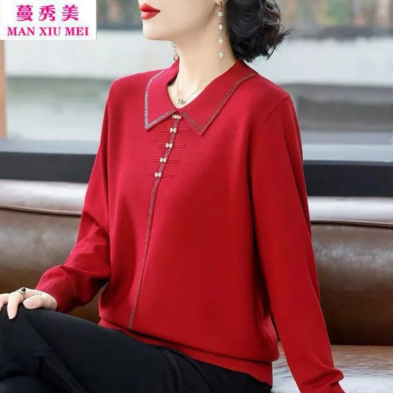 

Свободный женский вязаный топ среднего возраста с лацканами, модный топ-свитер