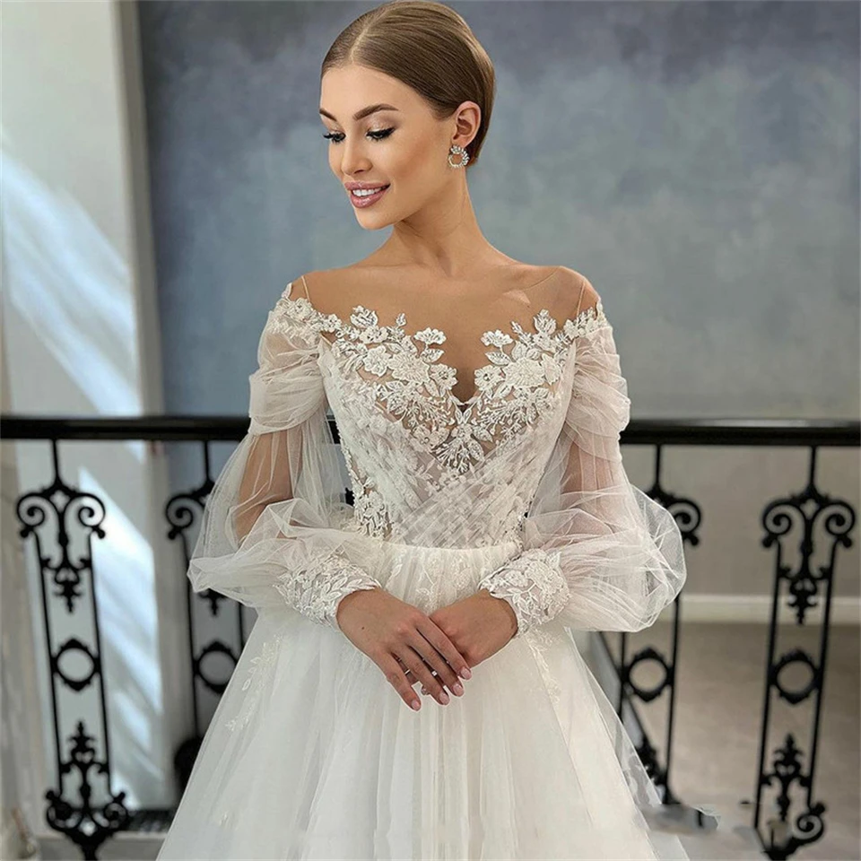 Gaun pengantin A-line lengan penuh ilusi applique kain Tulle bahu terbuka elegan untuk wanita 2024 gaun pengantin Vestidos De Novia