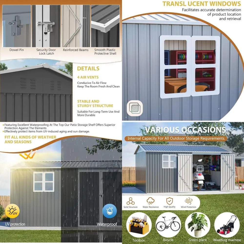 

Durable 10x12 Outdoor Metal Storage Shed with Floor, Rustic Window, Lockable Door, Ideal for Tools and Garden Use, Gray