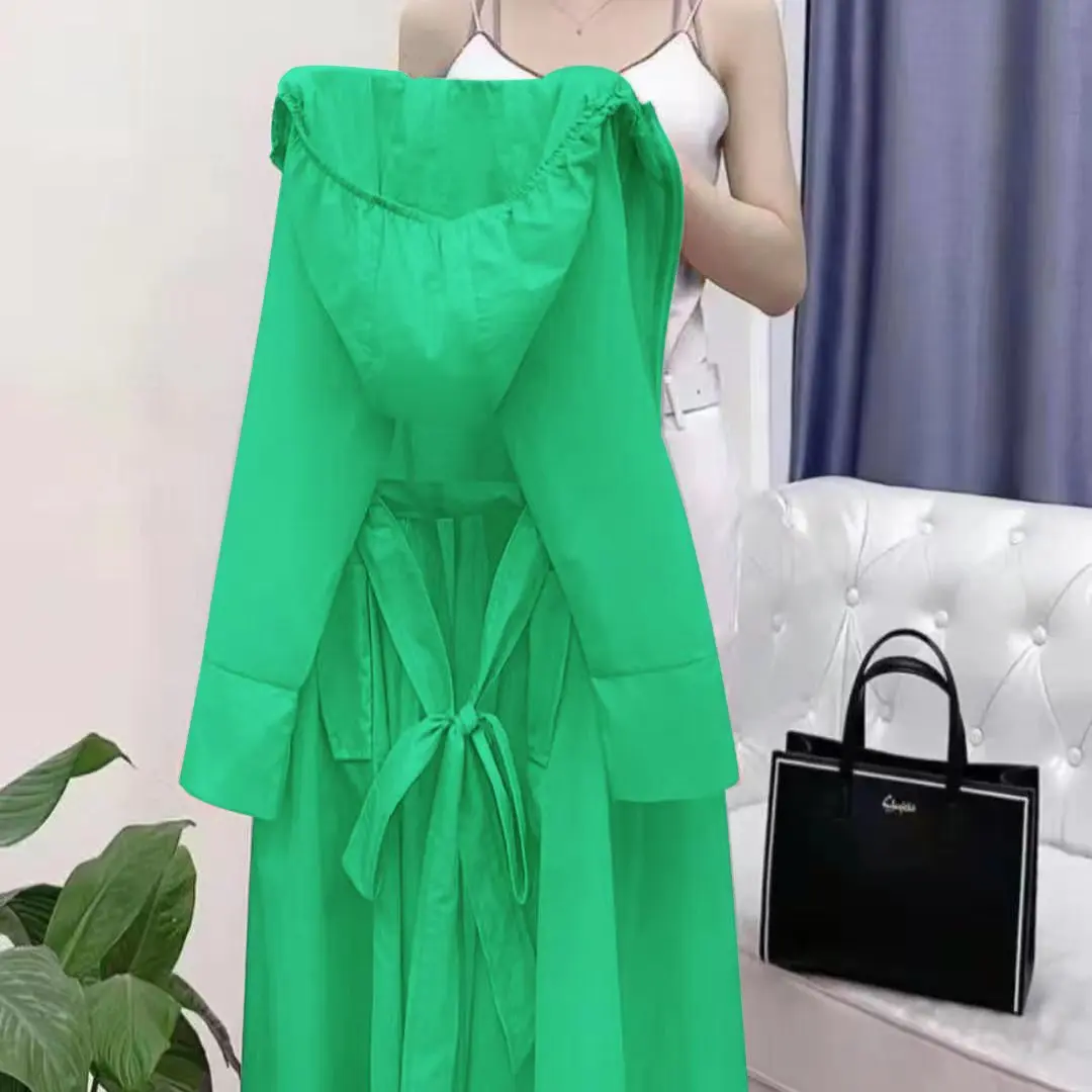 

Модная удлиненная верхняя одежда с капюшоном для защиты от солнца, с поясом, утягивающая, средней длины, элегантный стиль для летних поездок, полиэстер