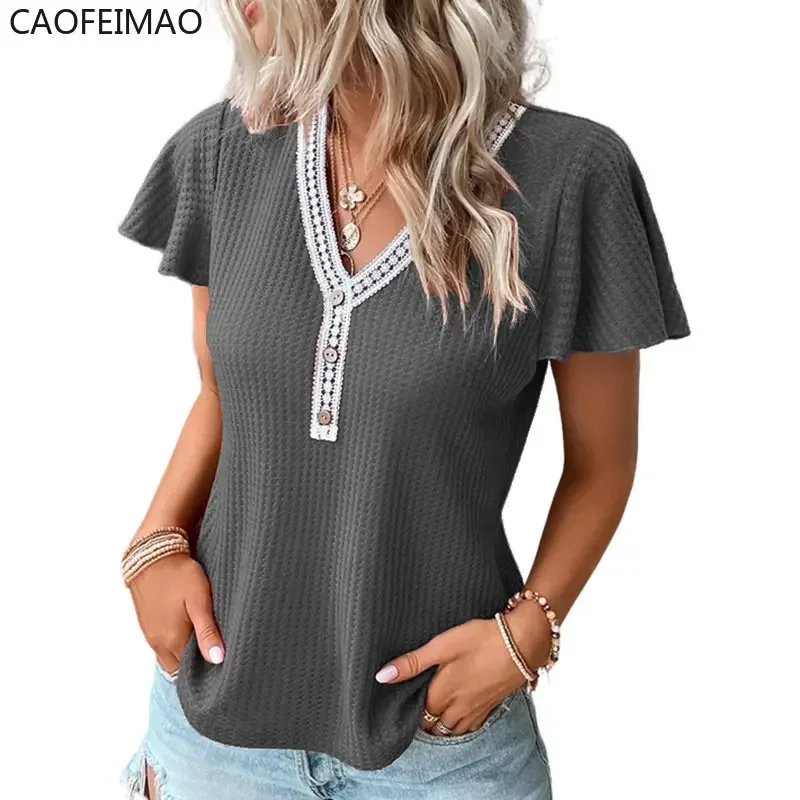 Women's T-shirt New In Summer Lace Stitching V Neck Tshirt Elegant and Chic Casual Short Sleeve Solid Colors Lady Clothing Tops