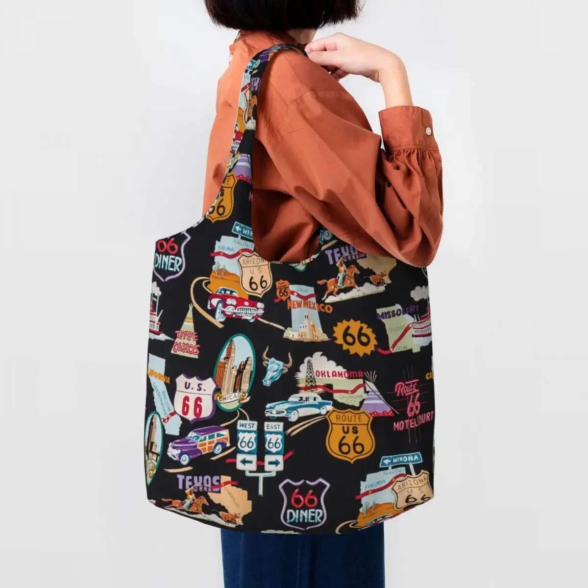 Vintage Route 66 Groceries Shopping Tote Bags Women Custom America Road Map Canvas Shopper Shoulder Bags Large Capacity Handbag