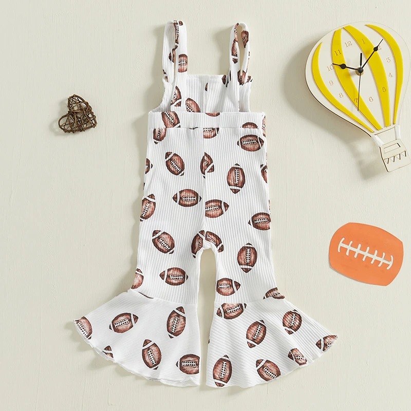 Toddler Girls Bibs Overalls Jumpsuit Football Printed Sleeveless Square Neck Bell Bottom Romper