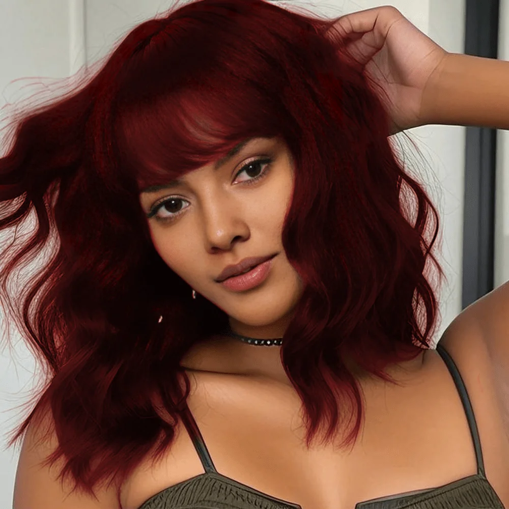 

Короткий красный парик с челкой, волнистый парик-боб с челкой для женщин, синтетический термостойкий парик для костюмов на Хэллоуин, косплея и повседневной носки