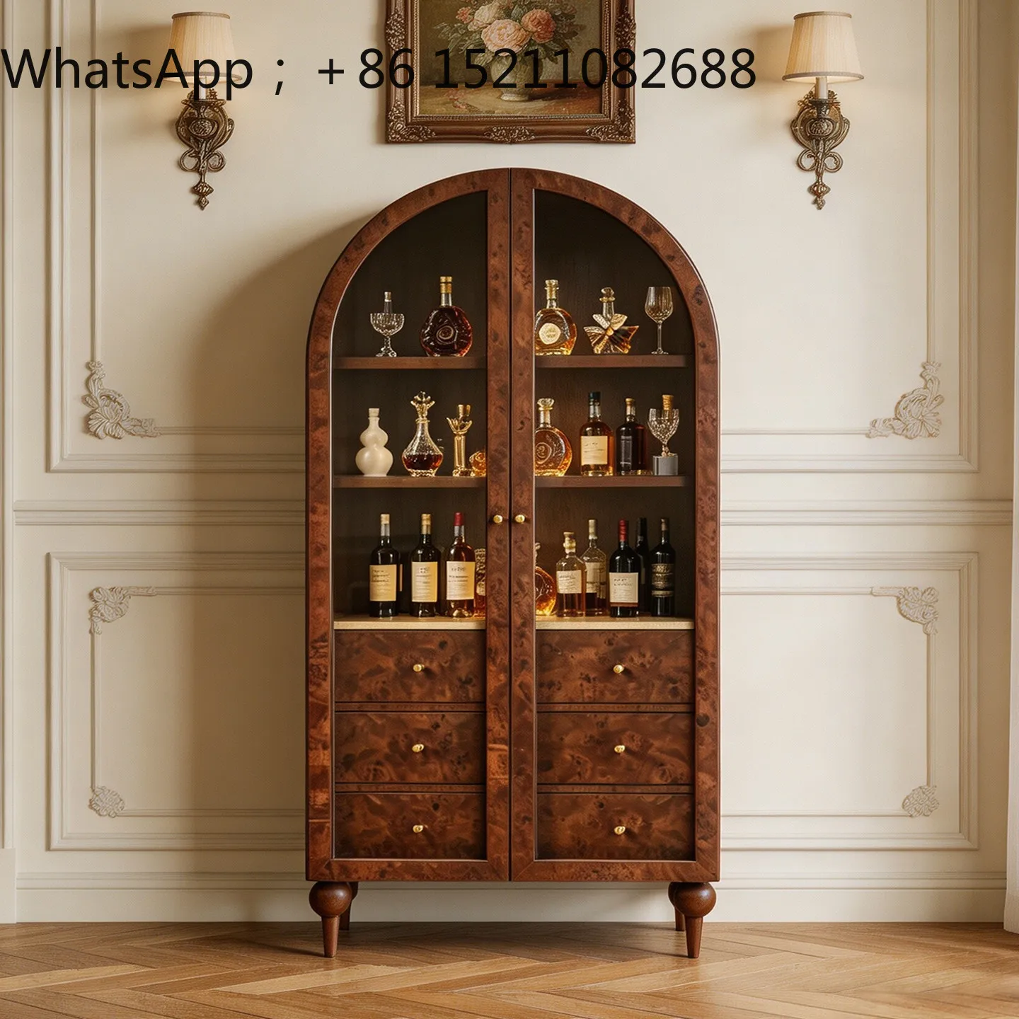 LLY solid wood arched wine cabinet, living room glass door against the wall display cabinet, multi-functional side cabinet