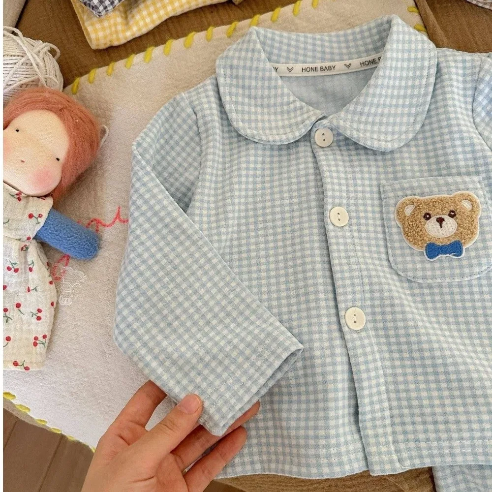 Soft Long Sleeve Pajamas Suits Plaid Printed Pajamas Top Bottom Children's Sleepwear Two-Piece Set Homewear Home