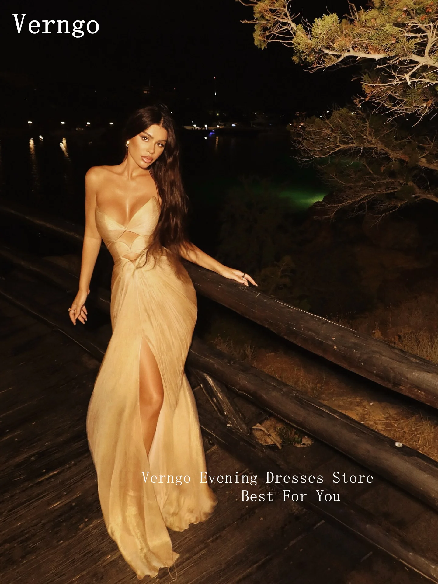 فستان سهرة بني من Verngo أنيق على شكل قلب حورية البحر للحفلات الراقصة مصنوع يدويًا من الحرير للحفلات الراقصة حسب الطلب