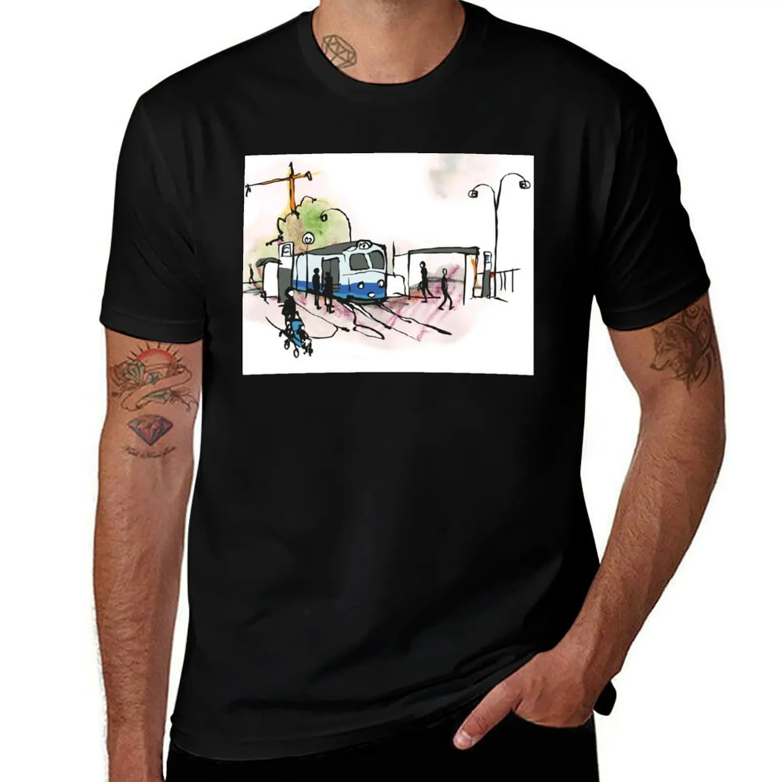 Tram stop in G?teborg T-Shirt Fashion Graphic Tee for Men
