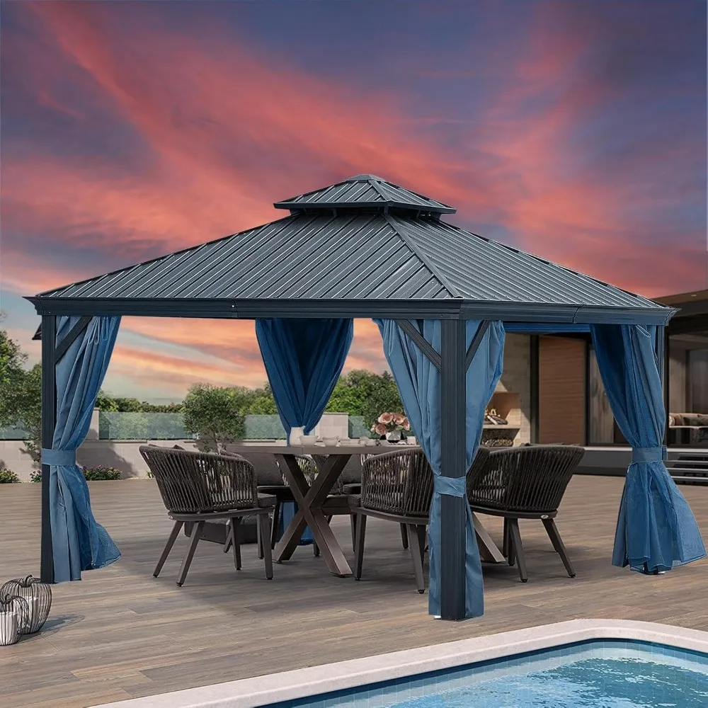

12 x 10FT Hardtop Patio Gazebo,Aluminum Frame Canopy with Double Galvanized Steel Roof for Patios, Garden, Parties, Lawns