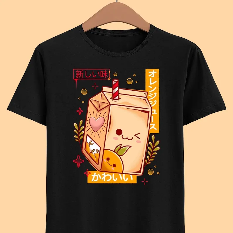 Camiseta Unisex de zumo de naranja, bebida y comida, fruta naranja, Linda camiseta de comida asiática Kawaii