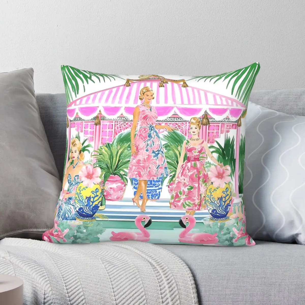 Palm Beach Girls Pink Cabana Square Pillowcase Polyester Linen Velvet Printed Zip Decorative Home Cushion Cover