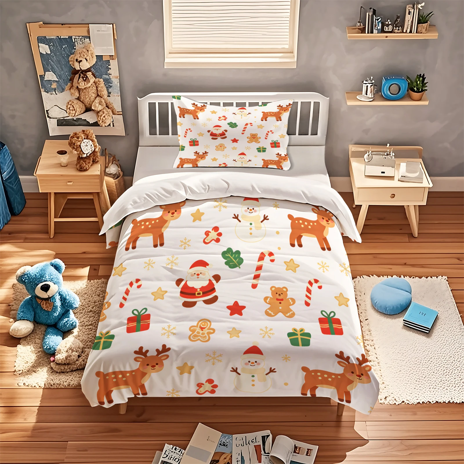 Festive Cartoon Cute Christmas Duvet Cover Set Santa Claus Reindeer Snowman Gingerbread Man Candy Cane Gift Print Bedding Set