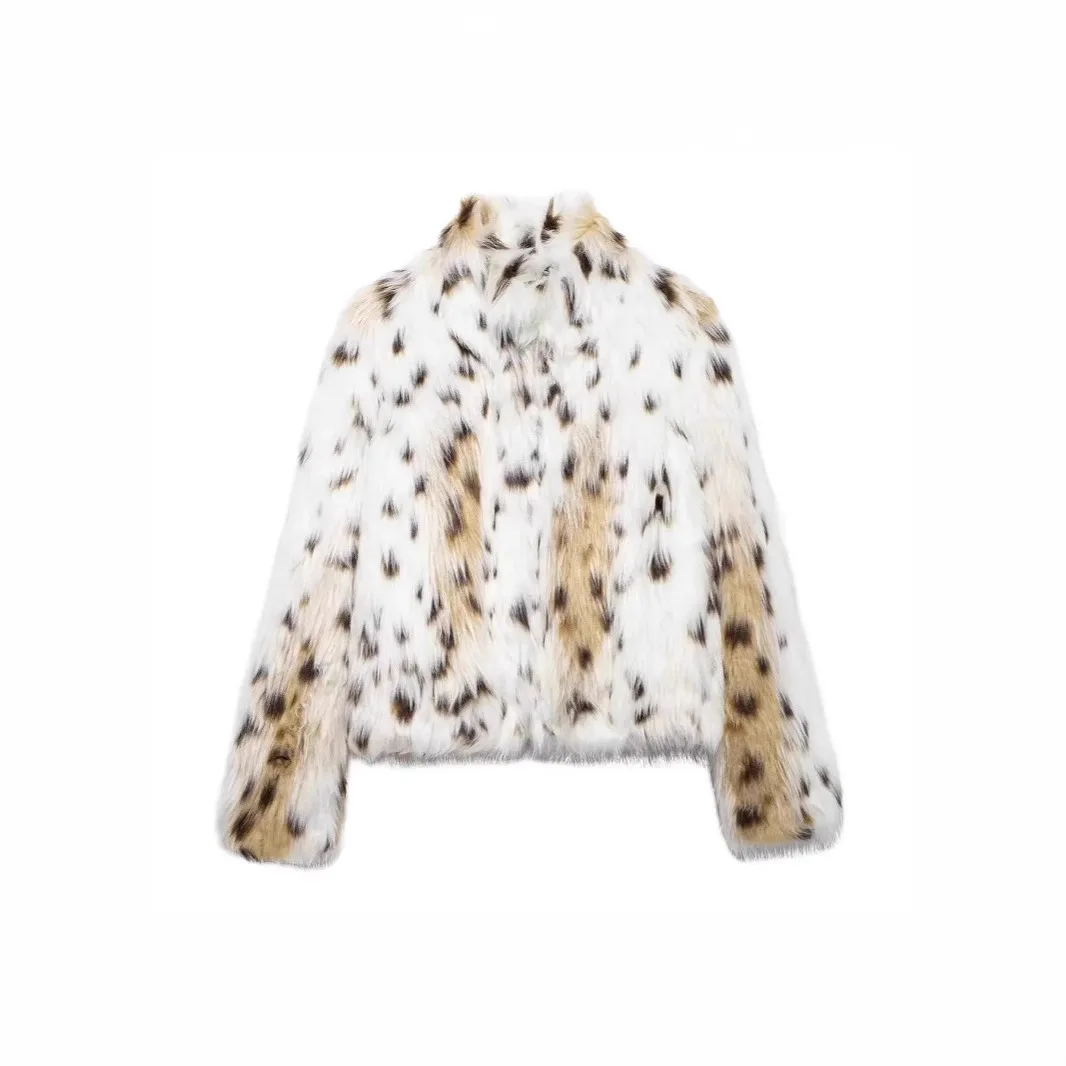 Mantel Bulu Imitasi Wanita Kasual Pendek Motif Leopard Patchwork Lengan Panjang Kerah Tegak Tebal Hangat Bulu Gaya Jalanan Musim Dingin 2025