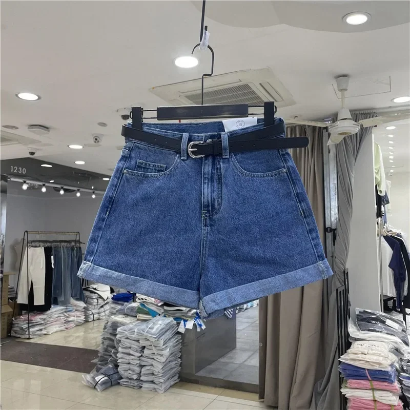 Schicke, locker sitzende Damenjeans im koreanischen Stil mit weitem Bein, schlankmachende, lässige Jeansshorts mit hoher Taille für den Sommer
