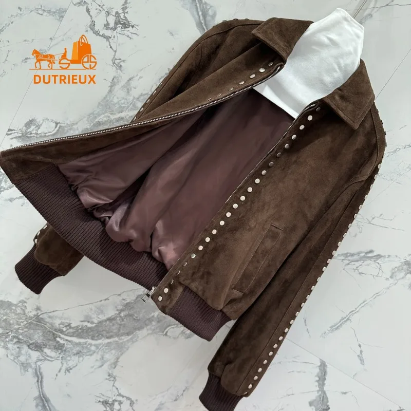 2025 Nieuwe Winter Zware Ambachtelijke Suède Revers Jas, 100% Echte Schapenvacht Positionering Patch Borduren Metalen Klinknagels Luxe Jas Vrouwen