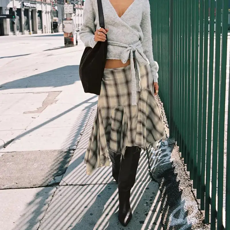 

Combhasaki Women Y2k Vintage Plaid Print Elegant Irregular Ruffle Hem Loose Fit Summer Low Rise A-Line Midi Skirt Streetwear