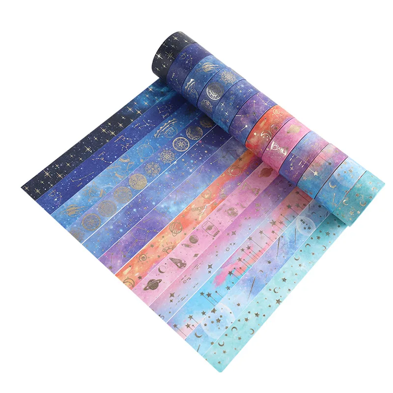 12 pcs/set 15mm*2m Universe Planet Gold Foil Washi Tape Set Masking Tapes Scrapbooking Diy Journaling Decor Art Supplies Gift