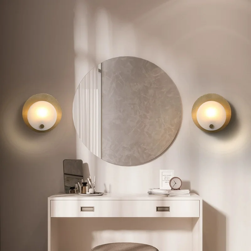 Simple marble living room feature wall wall lamp bedroom full copper bedside LED lamp, modern attic entrance corridor light lamp