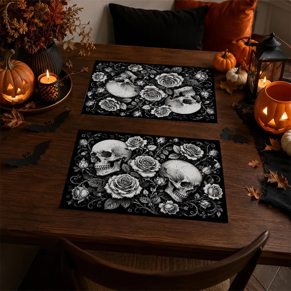 Skulls Surrounded By Roses Pattern Placemats Rectangular Polyester Suitable For Restaurant Decorations Party Supplies And Holid