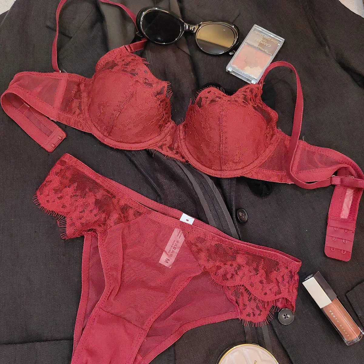 Women Sexy Lace Bra Set Elegant Thin See Through Lingerie Ladies Micro Bikini Brief Set Underwear Bra and Panty Set
