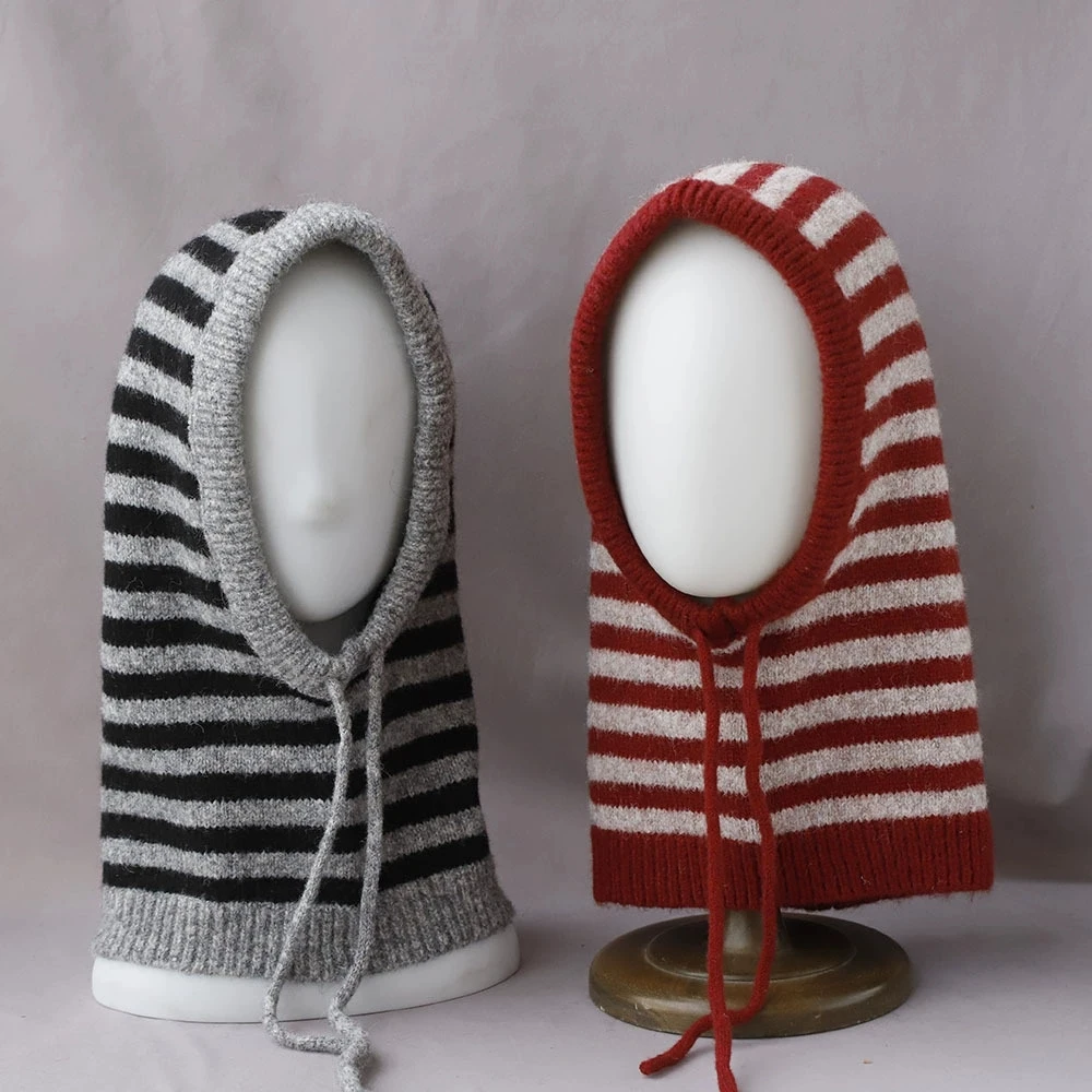 Striped Balaclava Hat Women Winter Handmade Hollow Knit Hoodie Beanie Neck Scarf One-Piece Casual Versatile Knit Wind-proof Caps