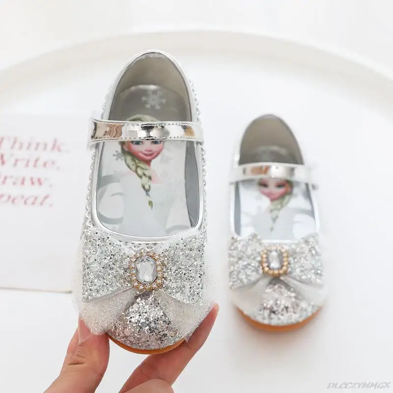 Cartoon Elsa Soft Bottom Baby Shoes Girl Princess Shoes Frozen Crystal Shoes Children Flat Flower Girl Leather Shoes