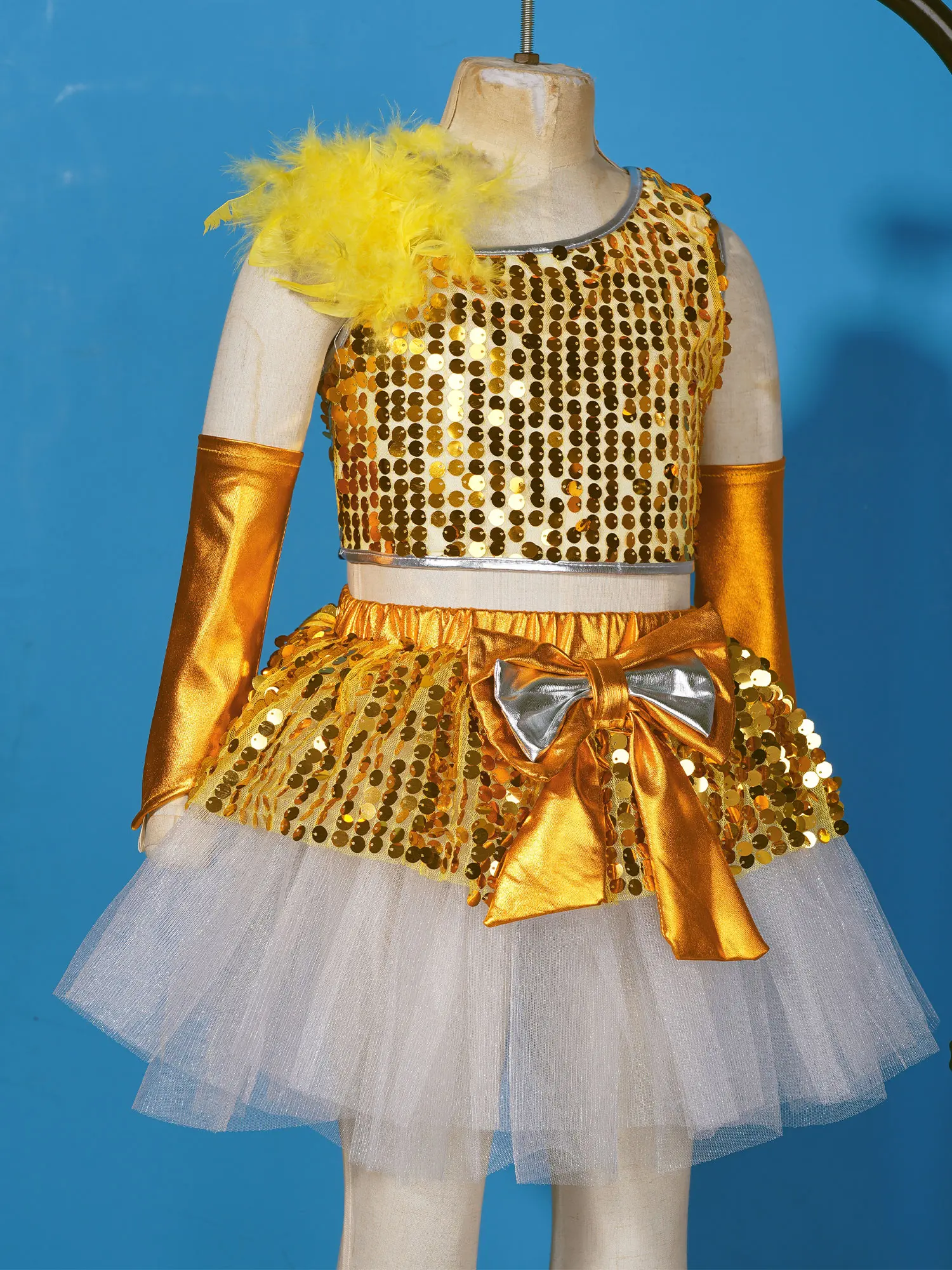 Kids Girls Dance Performance Outfit Glittery Sequins Sleeveless Crop Top with Bowknot Tutu Skirt Metallic Shiny Gloves