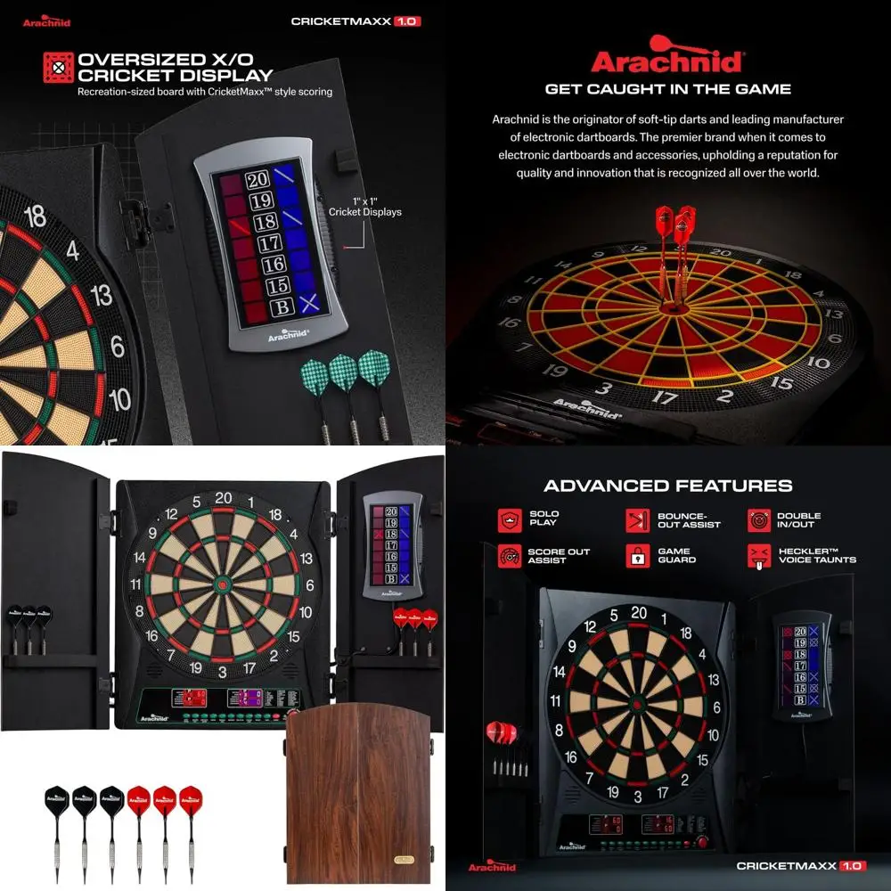 

Walnut-finished Cricket Maxx 1.0 Dartboard Cabinet with 34 Games & 183 Variations for Up to 8 Players, Including 6 Soft Darts