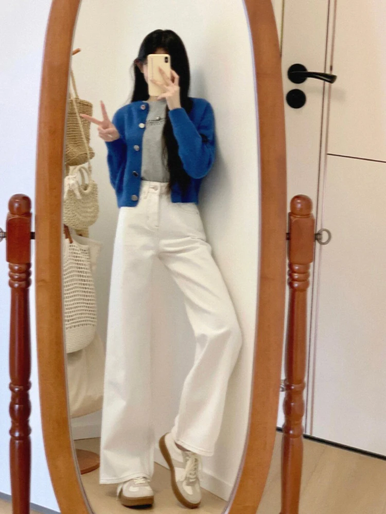 

Американские широкие джинсы с высокой талией, женские белые прямые узкие длинные брюки, осенние новые свободные утягивающие универсальные брюки