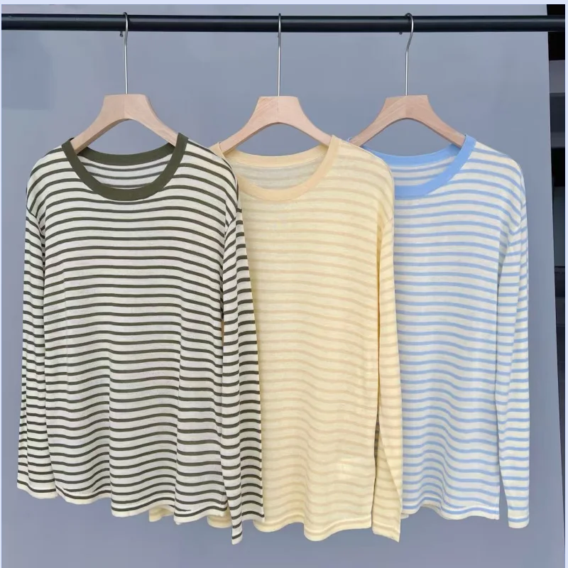 New 2026 Spring/Summer color-blocked striped long-sleeved women's casual loose base shirt round-neck T-shirt top