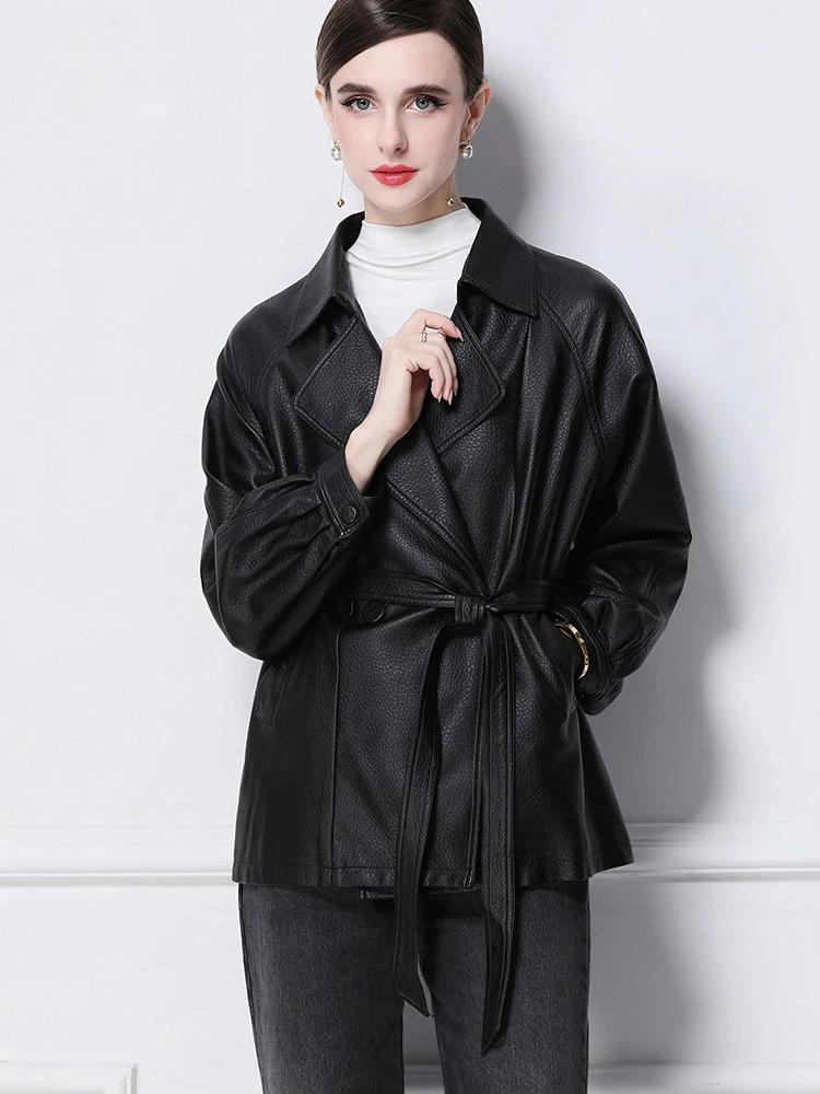 

Осень-зима, женская новая кожаная куртка средней длины из искусственной кожи, двубортное пальто, модная повседневная свободная кожаная куртка S162