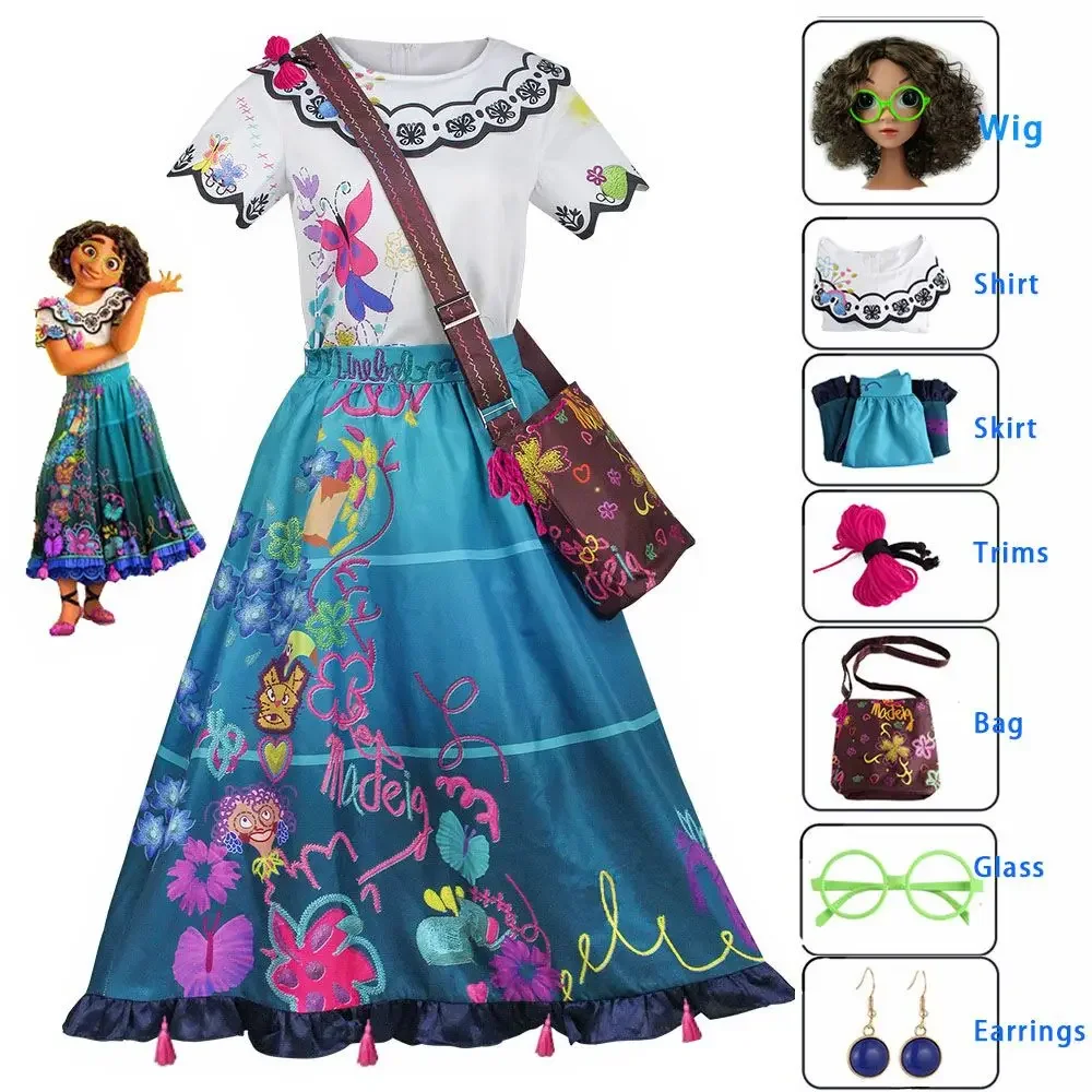 Encanto Princess Flower Cosplay Costume para mulheres, vestido Mirabel, peruca, conjuntos de óculos, roupas de festa de Halloween, em estoque