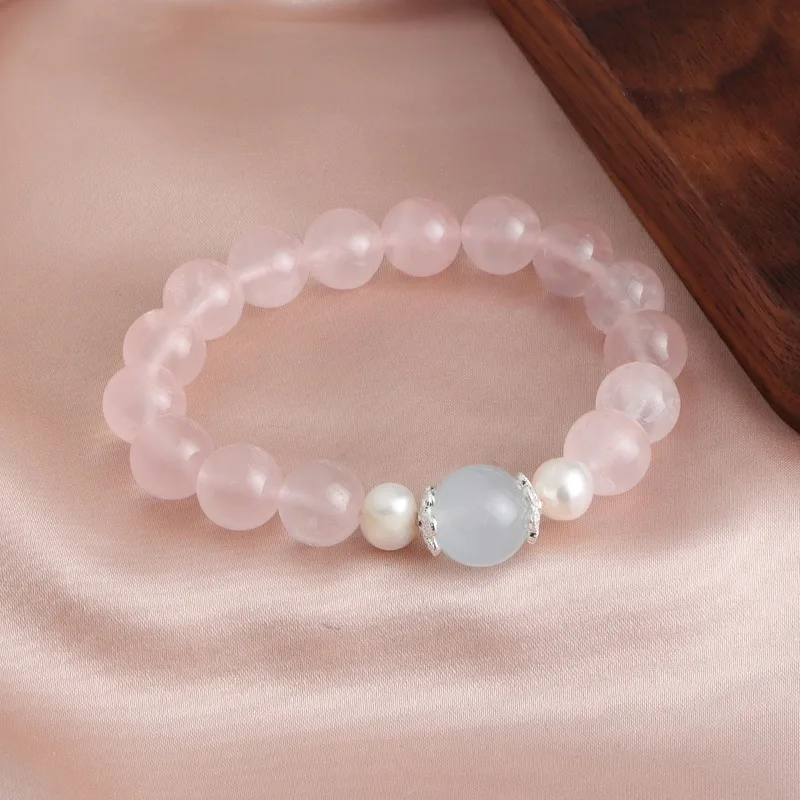 

Minar Chinese Style Pink Color Crystal Aquamarine Natural Stone Freshwater Pearl Beaded Elastic Strand Bracelets for Women Gifts