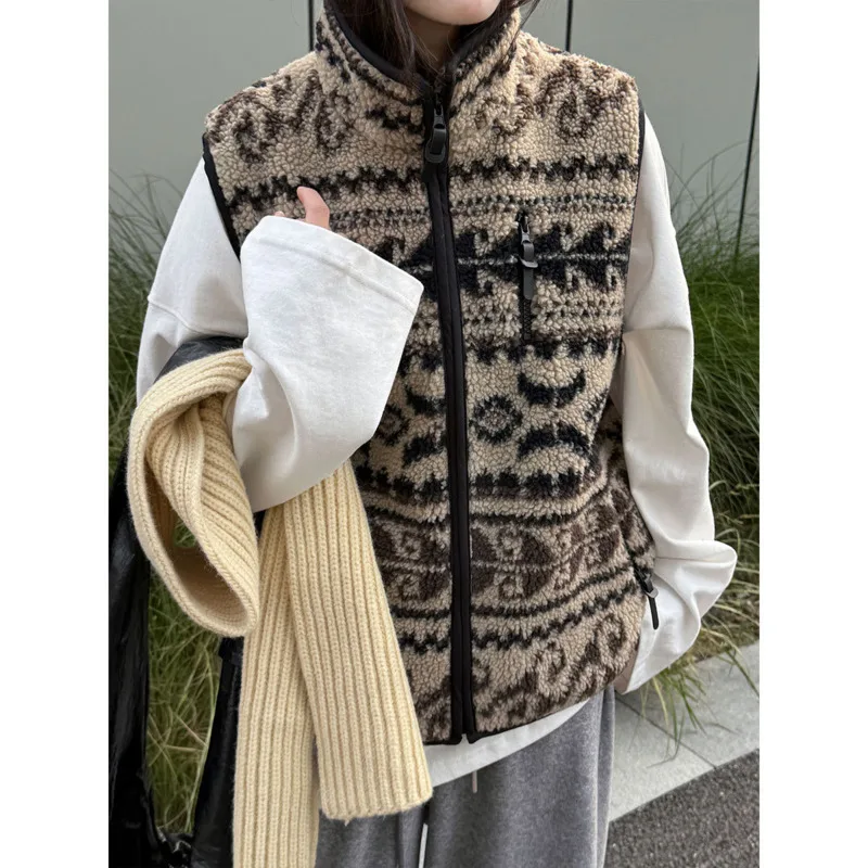 

Women Vintage Lamb's Wool Vest Autumn Winter Fleece Stand Collar Zipper Loose Casual Coat Tops