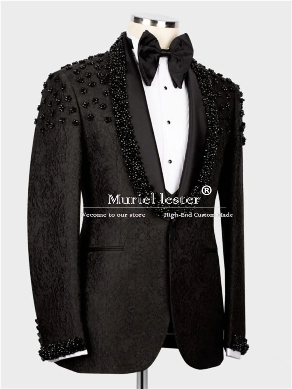 Luxury Floral Beaded Pearls Groom Wedding Suits Slim Fit Formal Men\'s Tuxedos Tailored Made Banquet Prom Blazer Elegant 3 Pcs