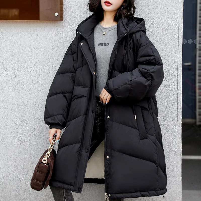 Women's White Duck Down Hooded Puffer Jacket, Thick Warm Down Jacket, Casual Loose Outerwear, Monochromatic, New Fashion, Winter