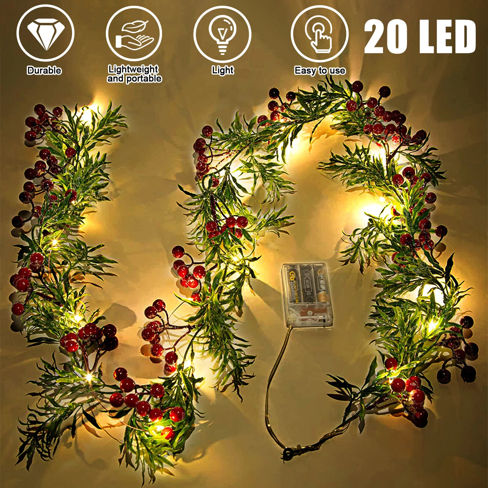 2M LED Red Berry String Lights Christmas Garland Battery Powered Wedding Party Curtain String With 20 Bulbs Fairy Lamps For Home