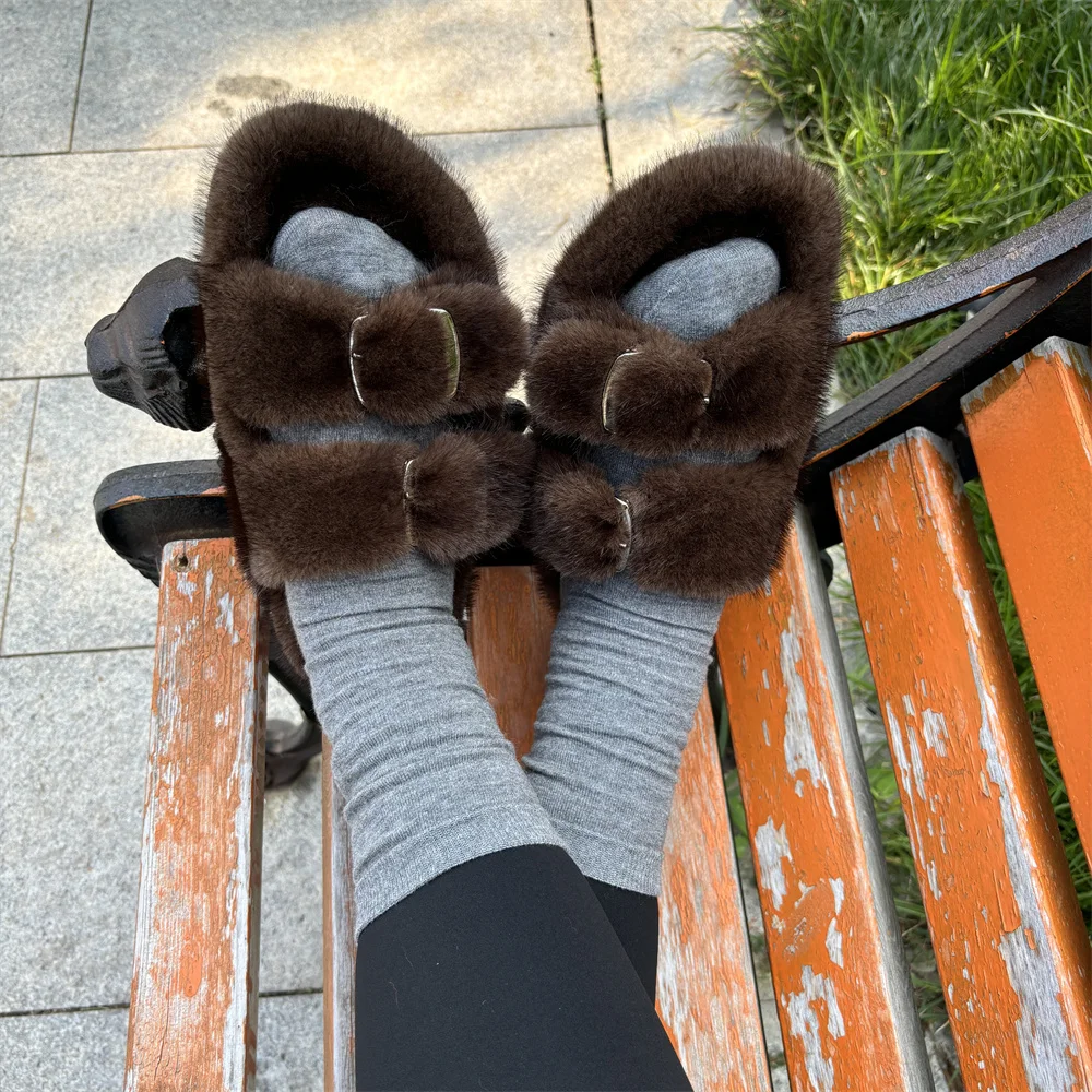 Kobieta Furry Ladies Fur Luxury Mink Fluffy Plush Slipper House Soft Fuzzy Platform Indoor Casual Winter Home Warm High Heels