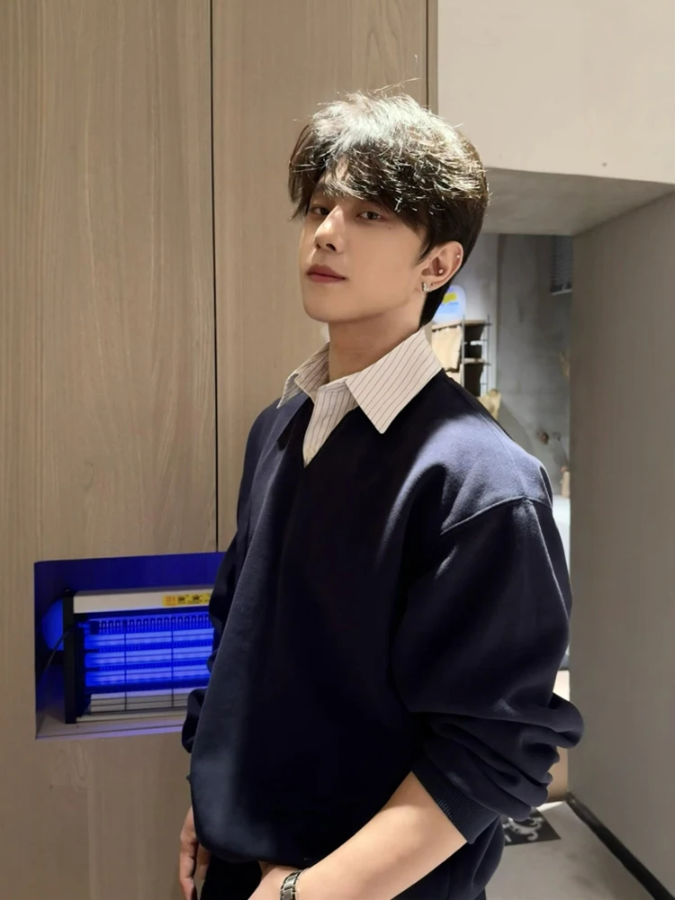 

Мужская толстовка с длинным рукавом в американском стиле, синяя, повседневная, модная, осенняя, высокого качества, стильная, плотная футболка