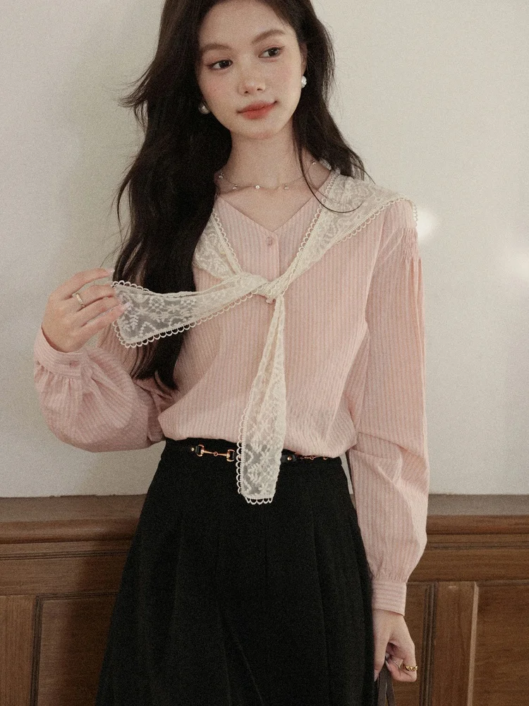 

Sweet Striped Long Sve Women's irt Pink Loose Fit Deform Resistant Regular Thin Ladies irt