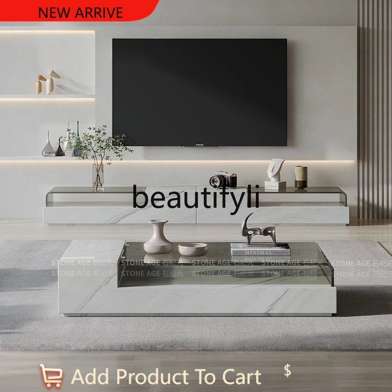 

Minimal light luxury natural marble small coffee table TV cabinet combination floor cabinet low cabinet double glass G1218